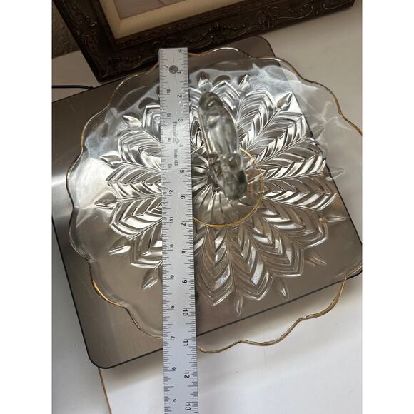 Vtg Mid Century Jeannette Feather Leaf Tidbit Tray Platter Gold Trim Retro Glass - Picture 7 of 10